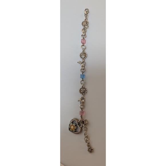 Brighton Flower Charm Bracelet 7.5in Silver Tone Pink Blue Beads - Picture 3 of 3